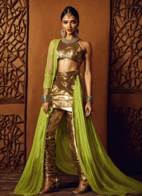 um modelo vestindo um sari e um sari verde