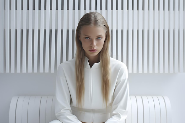 Foto um modelo vestindo uma roupa monocromática em um fundo branco limpo ai generativa