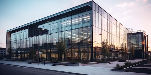 Um moderno edifício de escritórios de vidro que reflete o design arquitetônico contemporâneo e o profissionalismo