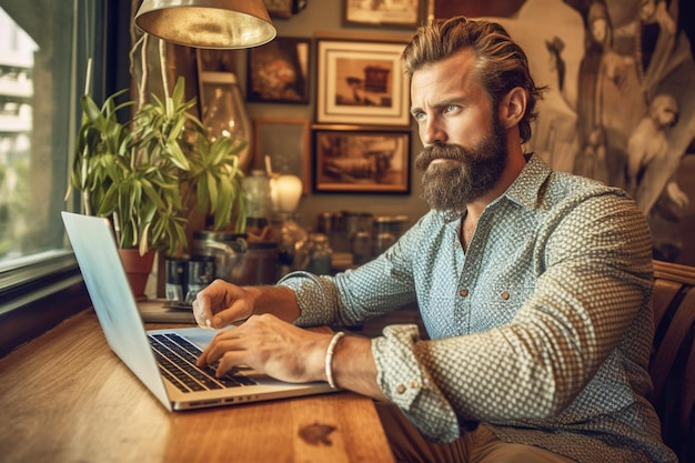 Um moderno empresário hipster com barba bebe café expresso