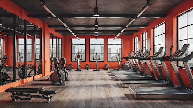 Um moderno ginásio e fitness em um loft laranja.