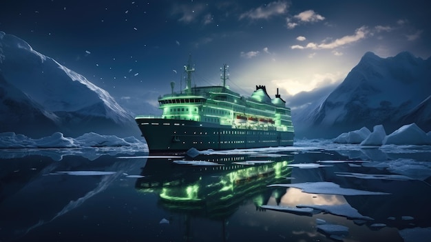 Um moderno navio de cruzeiro branco navega pelo Oceano Ártico entre blocos de gelo e asbergs Viagem e férias Em rota luzes do norte