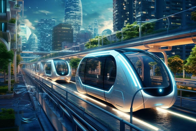 Foto um moderno vagão de metrô não tripulado na rua de uma futura cidade verde uma cidade futurista com publicidade elétrica