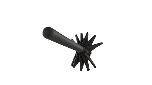Um moedor de metal preto com cabo preto e fundo branco.