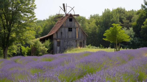 Um moinho de madeira rústico de pé contra o pano de fundo de um campo de lavanda em flor brilhante