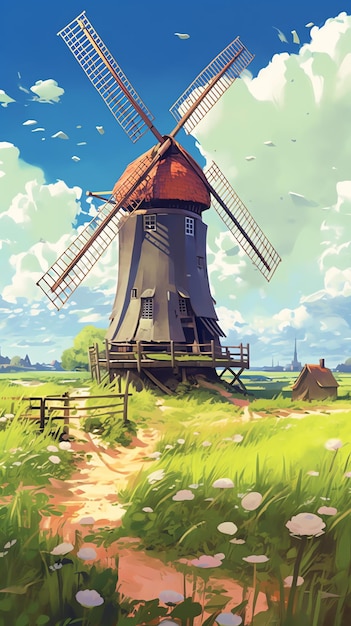 Um moinho de vento num campo