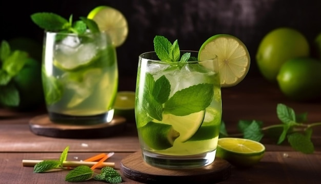 Um mojito com limão e limão sobre uma mesa de madeira.