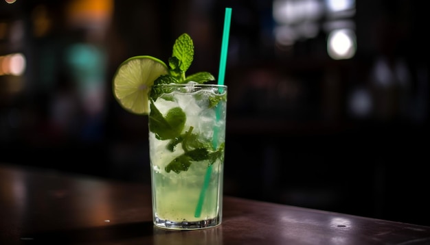 Um mojito refrescante com menta e cubos de gelo gerados por IA