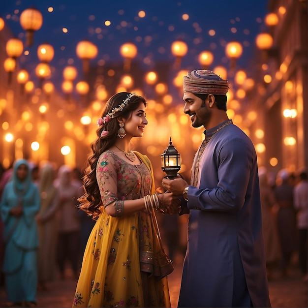 Um momento alegre de Eid Al Fitr saudações celebração casal comemorando Eid El Fitr