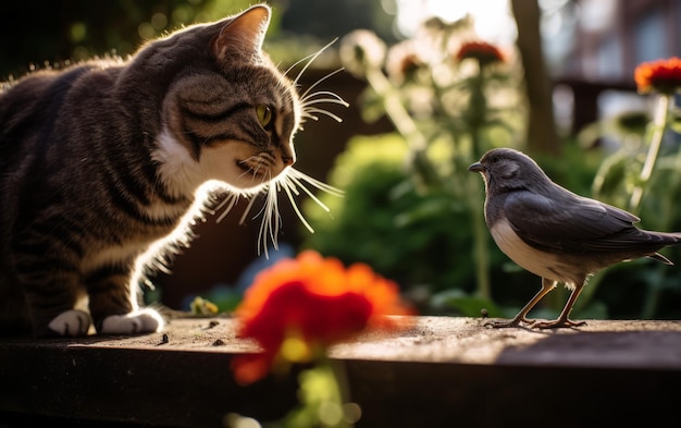 Um momento de intriga mútua, interação entre gatos e pássaros