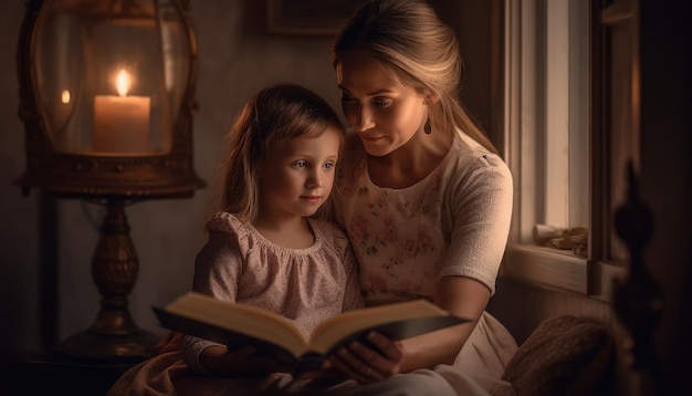 Um momento de mãe e filho aconchegados lendo um livro Dia das Mães