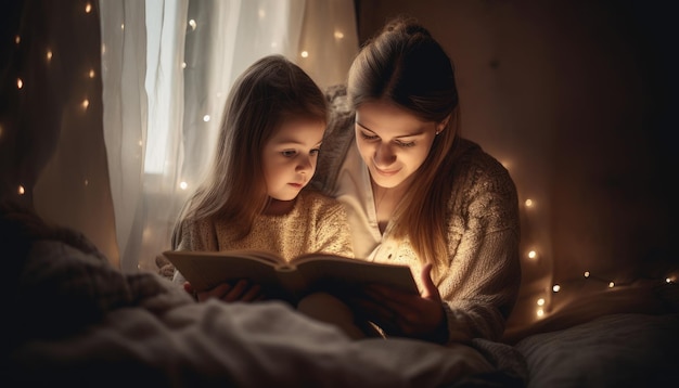 Um momento de mãe e filho aconchegados lendo um livro Dia das Mães