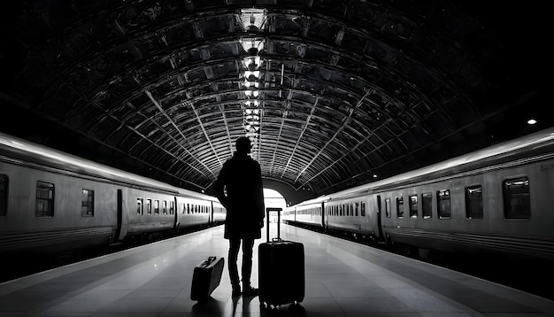 Um momento de reflexão de um viajante sozinho numa estação de trem deslumbrante