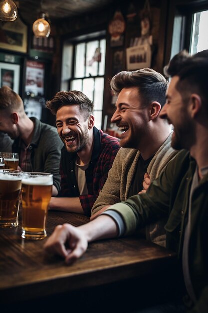 Foto um momento de riso e alegria num pub.