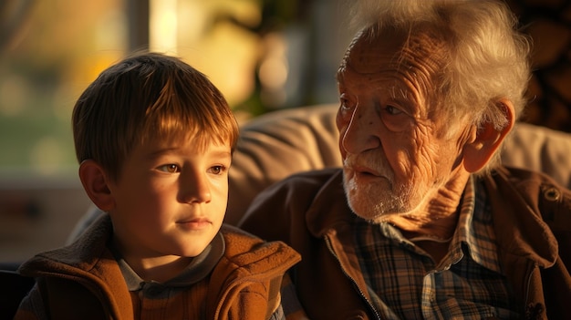 Um momento de silêncio de uma criança e um avô compartilhando histórias que unem gerações.