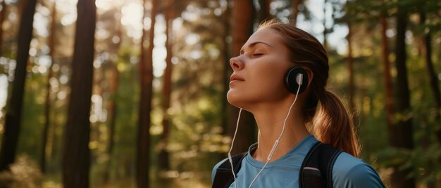 Um momento de zen enquanto uma caminhante se relaxa com música no abraço tranquilo da floresta