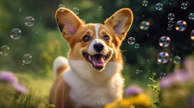 Um momento divertido capturado quando um corgi tenta pegar bolhas pulando e mordendo-as com puro