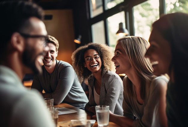 Um momento emocionante compartilhado por um grupo de amigos rindo juntos em uma mesa