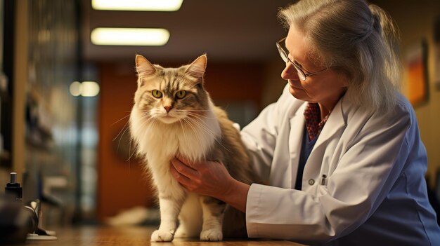 Um momento emocionante enquanto um veterinário atencioso realiza um exame minucioso de um gato delicioso, mostrando a compaixão e a experiência dos nossos profissionais de saúde de animais de estimação.