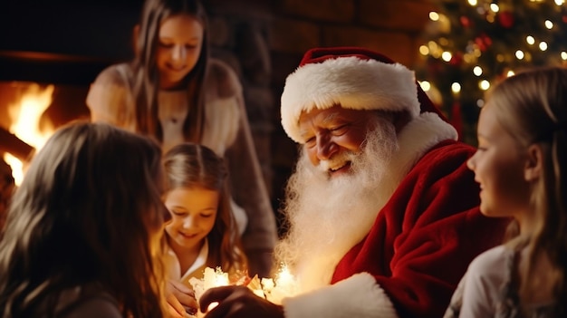 Um momento emocionante quando o Papai Noel entrega presentes a uma família reunida em torno da lareira.