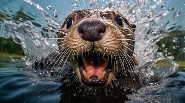 Um momento engraçado capturado quando uma lontra espirra água em seu próprio rosto de brincadeira, mostrando seu cuidado