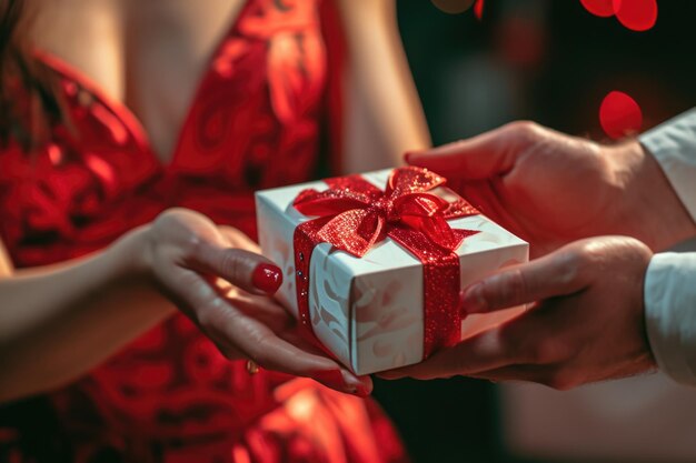 Um momento íntimo capturado quando uma mulher de vestido vermelho recebe uma caixa de presente cuidadosamente embrulhada adornada com uma fita vermelha e uma decoração em forma de coração