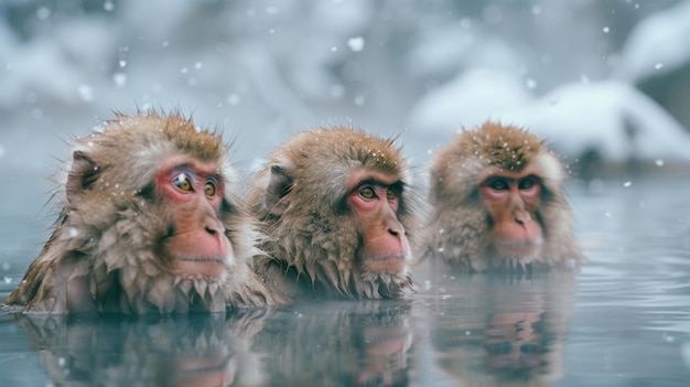 Foto um momento íntimo de uma família de macacos de neve amontoados em uma fonte termal