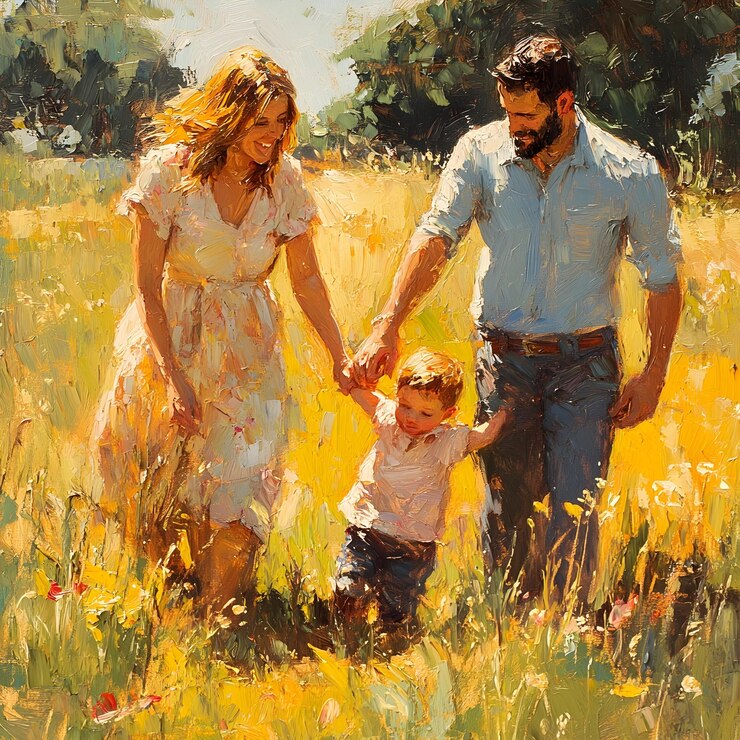 Um momento radiante de família num prado salpicado de sol com pinceladas impressionistas