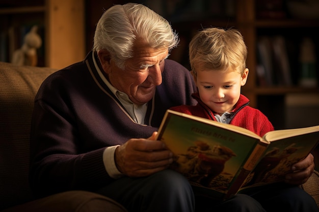 Um momento tranquilo entre gerações enquanto avós e filhos compartilham um livro