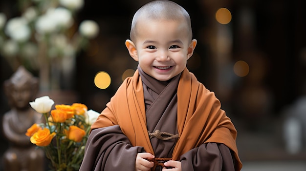 um monge bebê em uma túnica laranja sentado Generative Ai