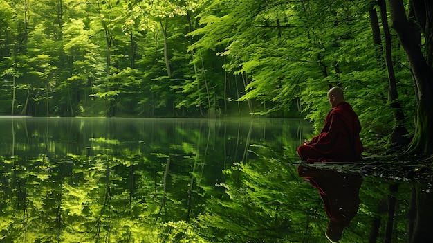 Foto um monge budista em meditação ao lado de um lago na selva