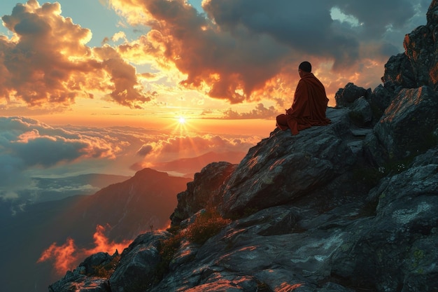 Um monge budista meditando nas montanhas