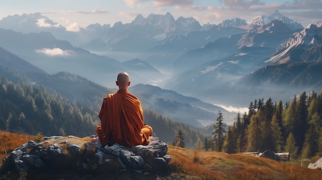 Foto um monge budista meditando nas montanhas