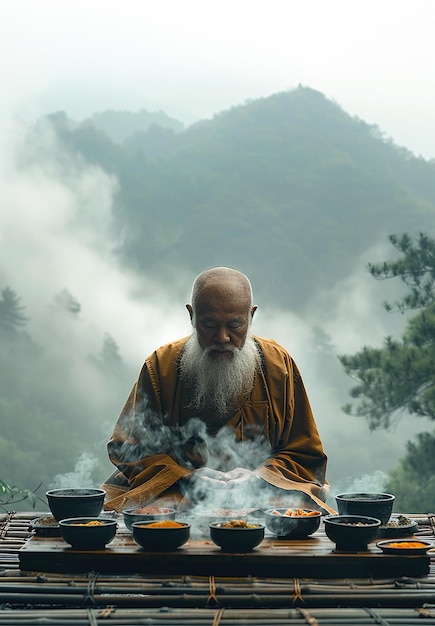 Foto um monge budista reza antes de uma refeição preparada em vesak