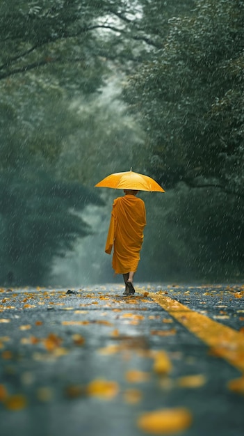 Um monge de Buda caminhando na chuva ao longo da estrada