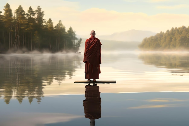 Foto um monge diante de um lago tranquilo, suas águas calmas representam a vida