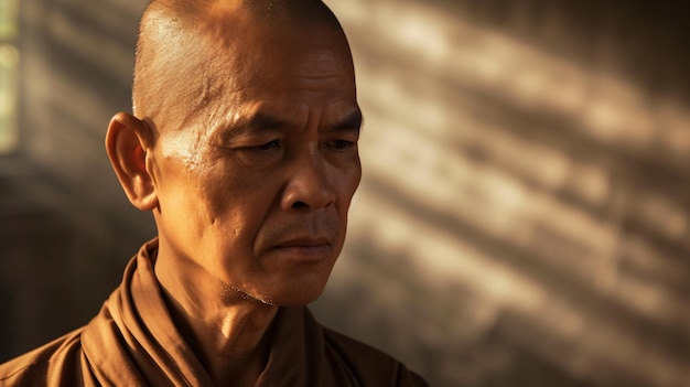 Um monge sábio exalando tranquilidade com uma cabeça careca e trajes humildes irradiando paz interior ele cativou com seu rosto sereno
