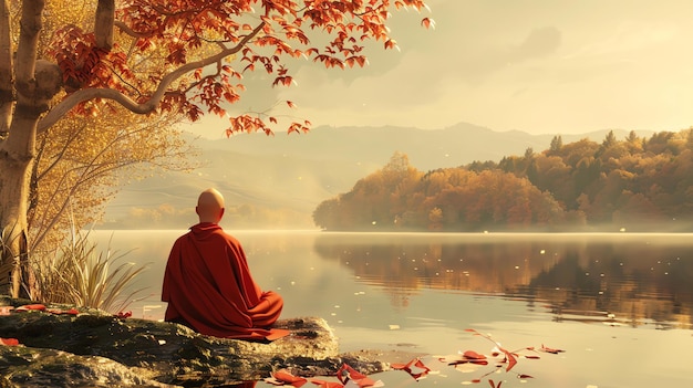 Um monge senta-se numa rocha ao lado de um lago a meditar a água está quieta e o ar está cheio do som do canto dos pássaros o monge está em paz