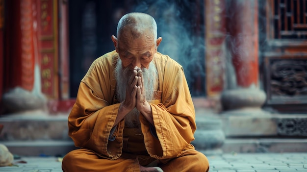 Foto um monge sereno meditando em um templo tradicional com fumaça de incenso ao seu redor