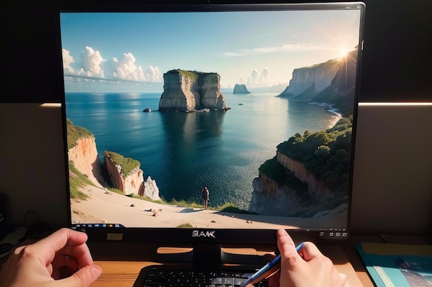 Um monitor com uma paisagem que está sendo usado para monitorar um computador.