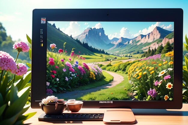 Um monitor de computador com uma flor na tela