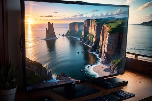 Um monitor de computador com uma paisagem e um teclado.