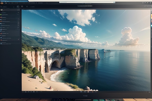 Foto um monitor de computador com uma paisagem na tela