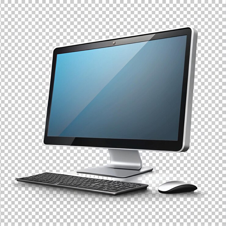 um monitor de computador com uma tela azul e um teclado preto