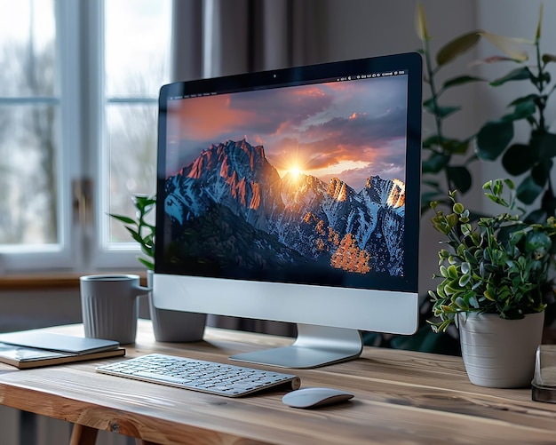 Um monitor de computador de mesa em casa está em uma mesa