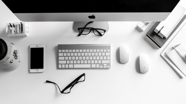 Um monitor de computador e óculos estão sobre uma mesa com um mouse e um par de óculos.