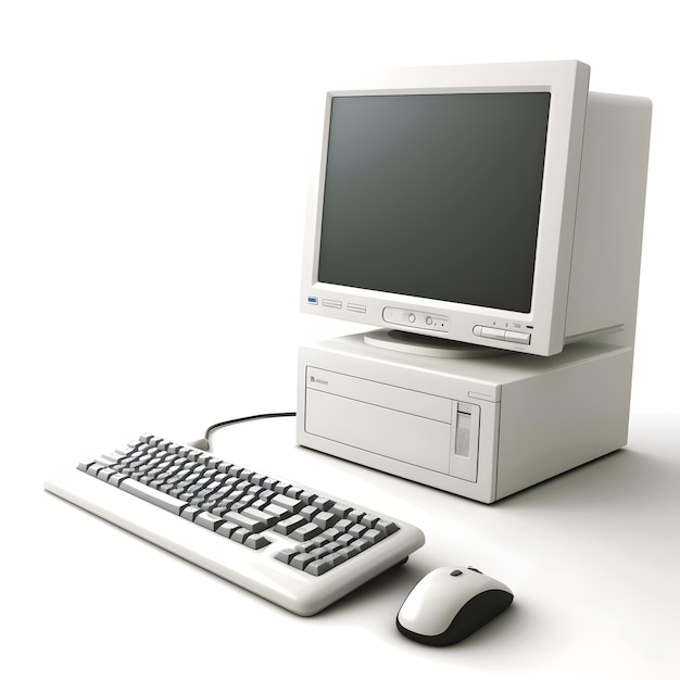 Um monitor de computador e um teclado estão sobre uma mesa branca.