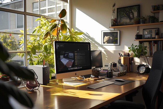 um monitor de computador está em uma mesa com uma planta no canto