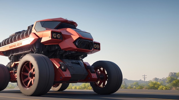 Um Monster Truck vermelho de excelente aparência dirigindo por uma estrada AI Generative