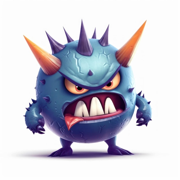 Um monstro azul com chifres e um chifre afiado e dentes afiados.